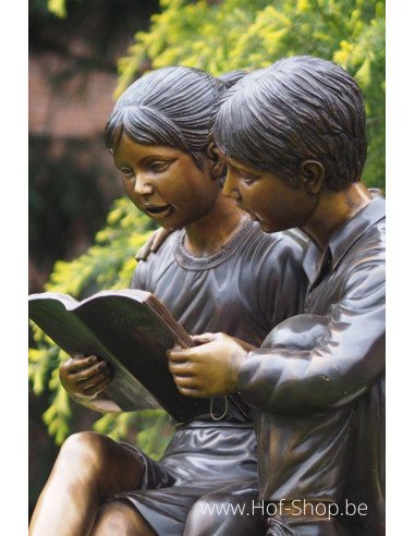 Twee lezende kinderen - bronzen beeld (B749-1)