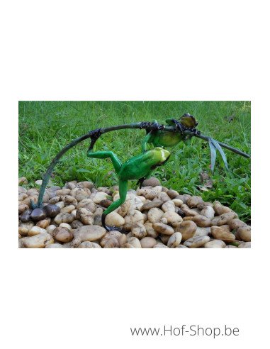 2 grenouilles colorées sur une brindille (vert)- statue en bronze (AN0981BR-C)