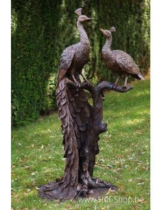 2 paons sur un tronc d'arbre - statue en bronze (B1116)
