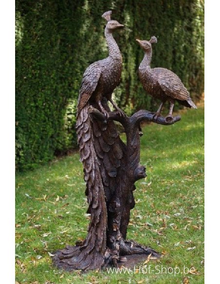 2 paons sur un tronc d'arbre - statue en bronze (B1116)