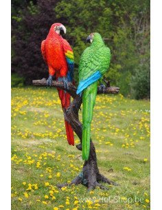 Perroquet bleu et rouge sur tronc d'arbre - statue en bronze (B1147)