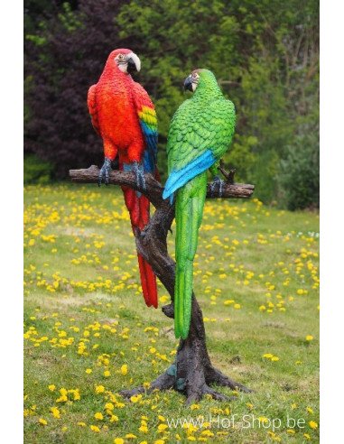 Perroquet bleu et rouge sur tronc d'arbre - statue en bronze (B1147)