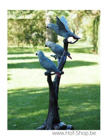 3 perroquets gris à queue rouge - statue en bronze (B1375)