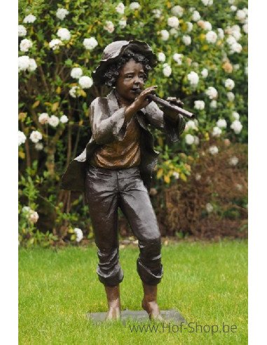 Jongen met fluit - bronzen beeld (B52600)