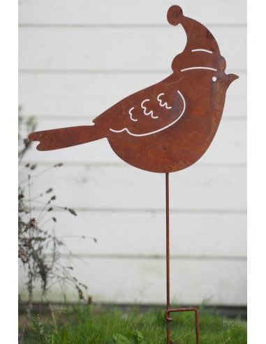 Vogel met muts - metalen figuur in ecoroest (MD14182)