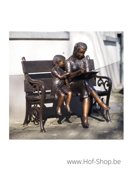 2 sœurs dessinant sur un banc - statue en bronze (B1508)