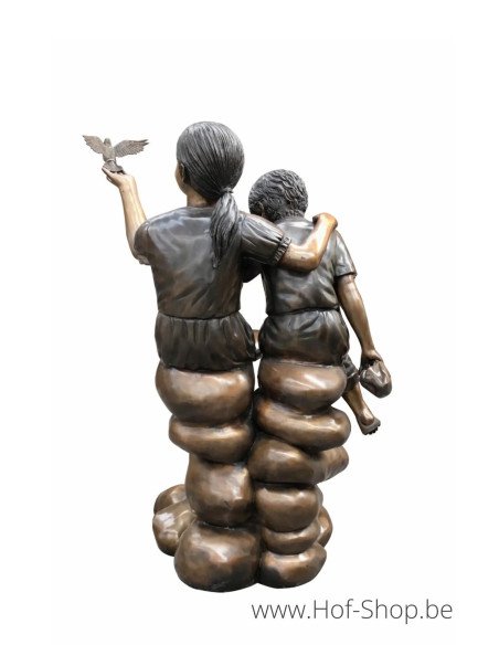 2 Enfants Sur Rocher - statue en bronze (B1180)