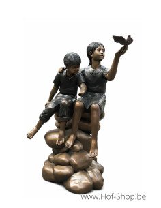 2 Enfants Sur Rocher - statue en bronze (B1180)